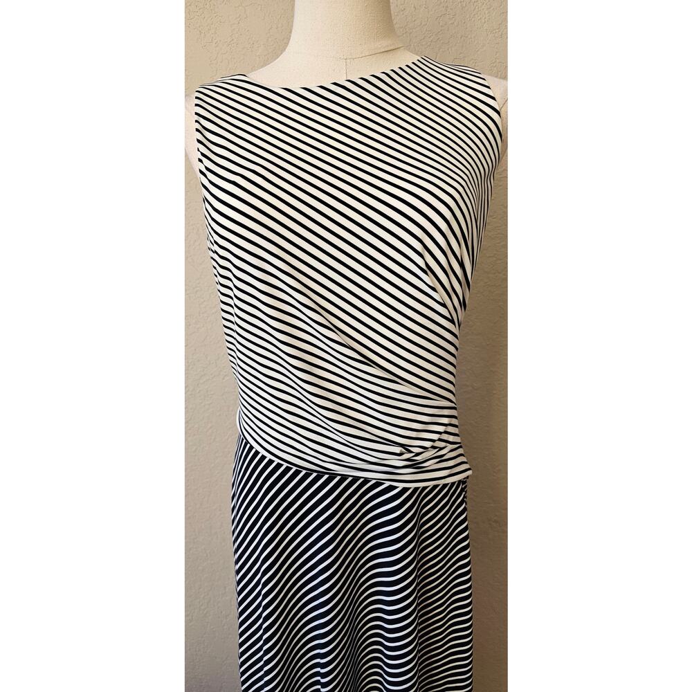 Lauren by Ralph Lauren Asymmetrical ‎ Jersey Striped Dress Women 10 White Black - Picture 2 of 7